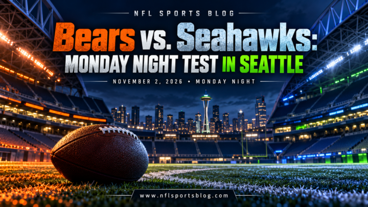 Bears vs. Seahawks: Monday Night Test in Seattle — NFL Sports Blog graphic with a football and empty stadium; no players.