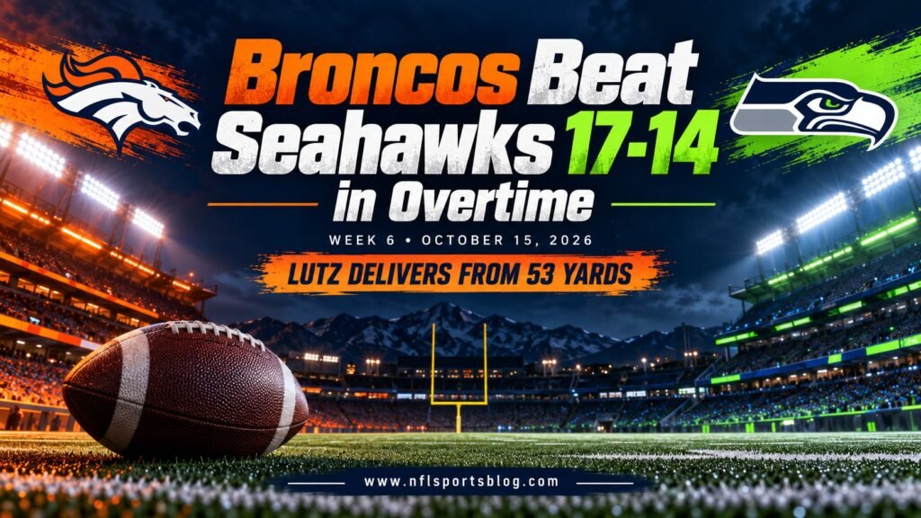 Broncos Beat Seahawks 17-14 in Overtime — Week 6, October 15, 2026; no-player stadium graphic with www.nflsportsblog.com.