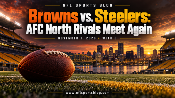 Browns vs. Steelers: AFC North Rivals Meet Again — NFL Sports Blog graphic with a football and empty stadium; no players.