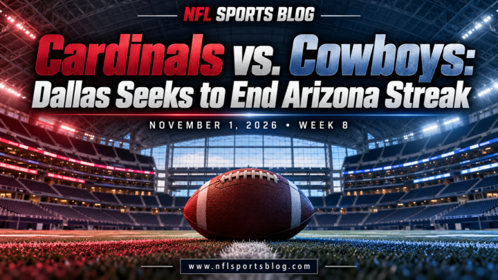 Cardinals vs. Cowboys: Dallas Seeks to End Arizona Streak — NFL Sports Blog graphic with a football and empty stadium; no players.