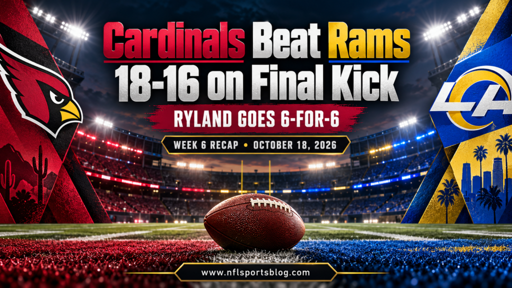 Cardinals Beat Rams 18-16 on Final Kick — Week 6, 2026; NFL Sports Blog graphic with no players.