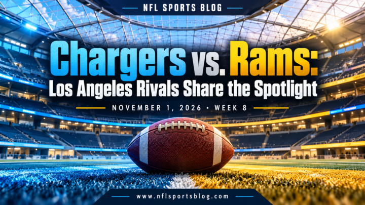 Chargers vs. Rams: Los Angeles Rivals Share the Spotlight — NFL Sports Blog graphic with a football and empty stadium; no players.