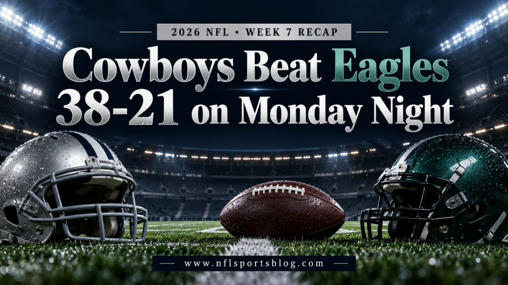Dallas Cowboys defeat Philadelphia Eagles 38-21 on October 26, 2026; NFL Sports Blog football equipment illustration without players.