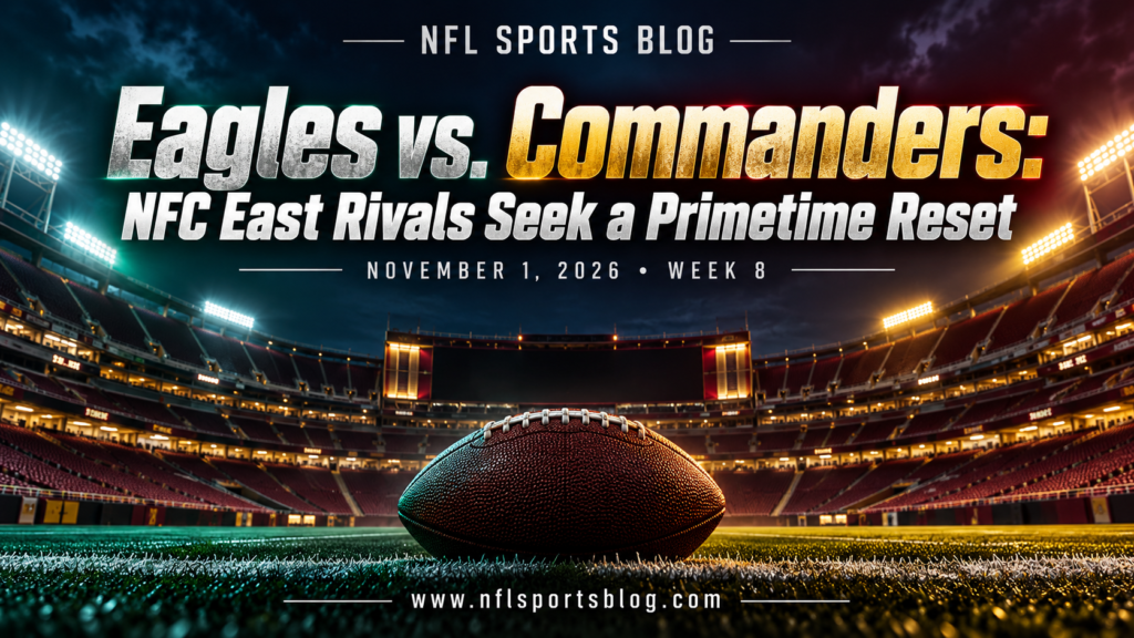 Eagles vs. Commanders: NFC East Rivals Seek a Primetime Reset — NFL Sports Blog graphic with a football and empty stadium; no players.