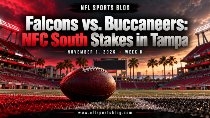 Falcons vs. Buccaneers: NFC South Stakes in Tampa — NFL Sports Blog graphic with a football and empty stadium; no players.