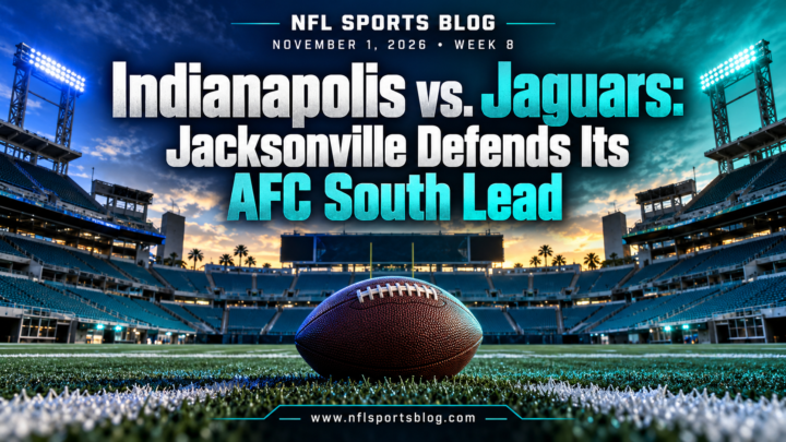 Indianapolis vs. Jaguars: Jacksonville Defends Its AFC South Lead — NFL Sports Blog graphic with a football and empty stadium; no players.