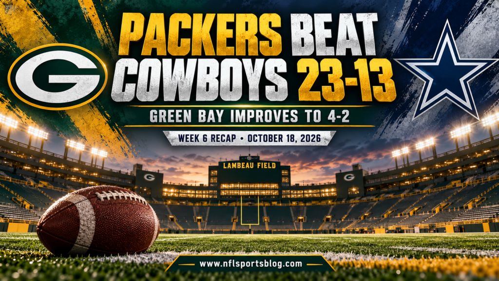 Packers Beat Cowboys 23-13 — Week 6, 2026; NFL Sports Blog graphic with no players.