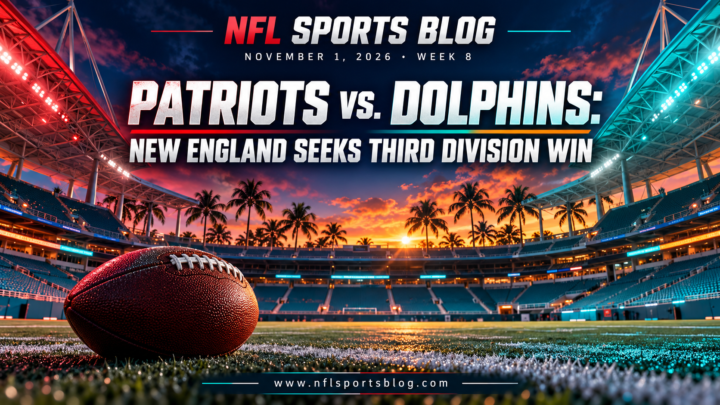 Patriots vs. Dolphins: New England Seeks Third Division Win — NFL Sports Blog graphic with a football and empty stadium; no players.