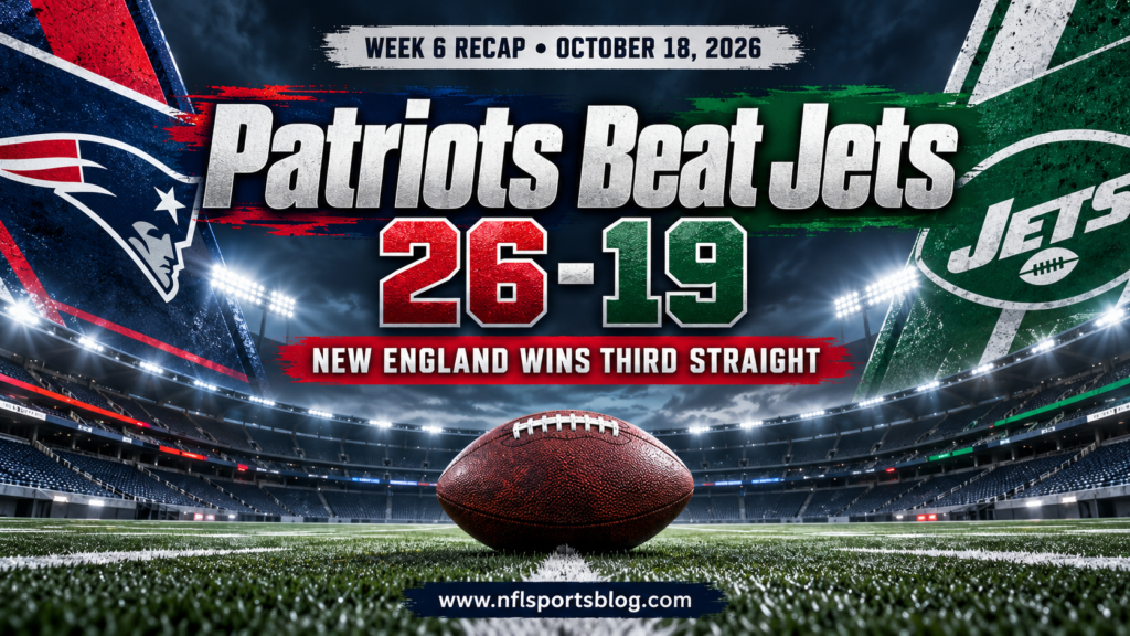Patriots Beat Jets 26-19 — Week 6, 2026; NFL Sports Blog graphic with no players.