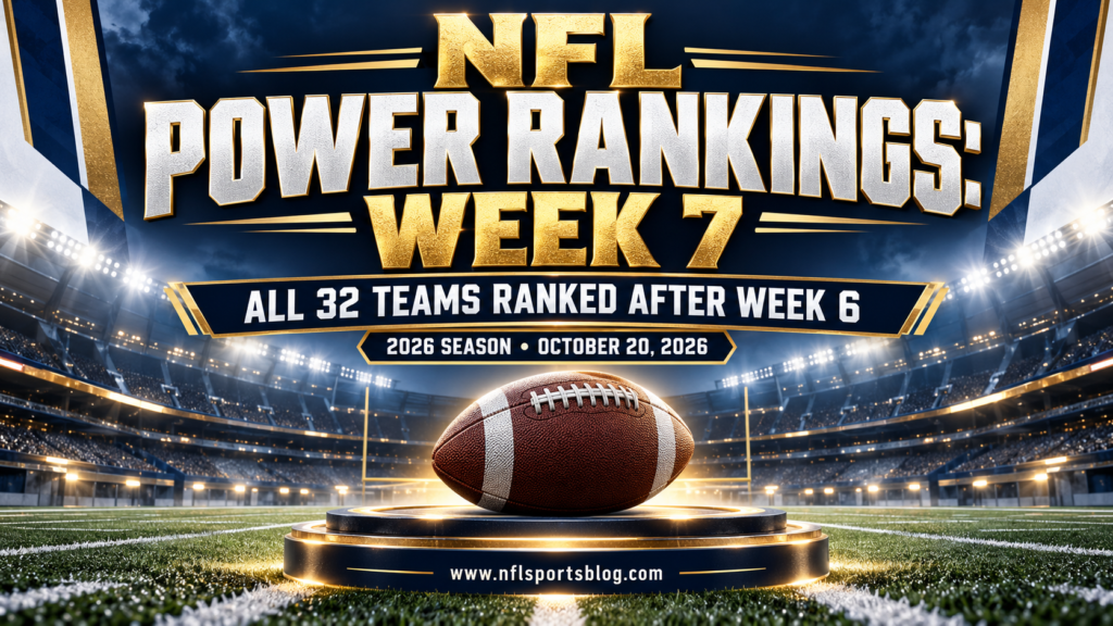 NFL Power Rankings: Week 7 — all 32 teams ranked after Week 6 of the 2026 season; stadium and football graphic with no players.
