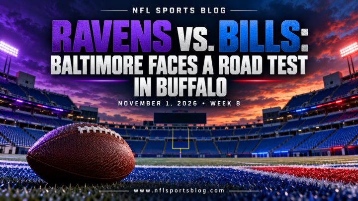 Ravens vs. Bills: Baltimore Faces a Road Test in Buffalo — NFL Sports Blog graphic with a football and empty stadium; no players.
