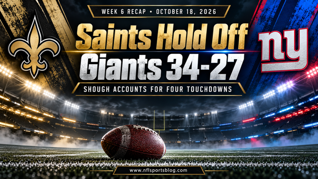 Saints Hold Off Giants 34-27 — Week 6, 2026; NFL Sports Blog graphic with no players.