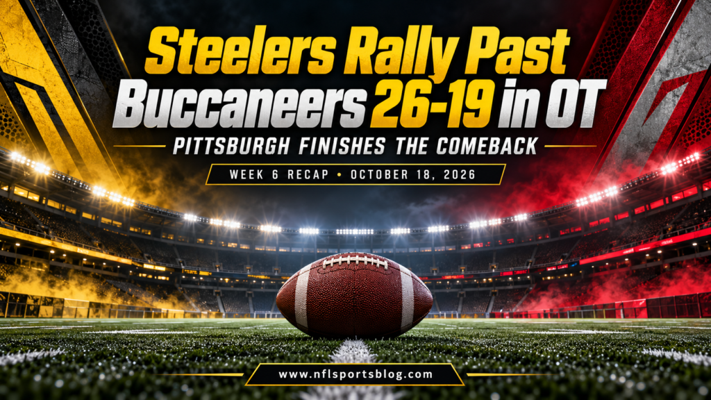 Steelers Rally Past Buccaneers 26-19 in OT — Week 6, 2026; NFL Sports Blog graphic with no players.