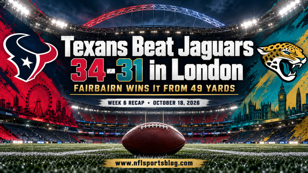 Texans Beat Jaguars 34-31 in London — Week 6, 2026; NFL Sports Blog graphic with no players.
