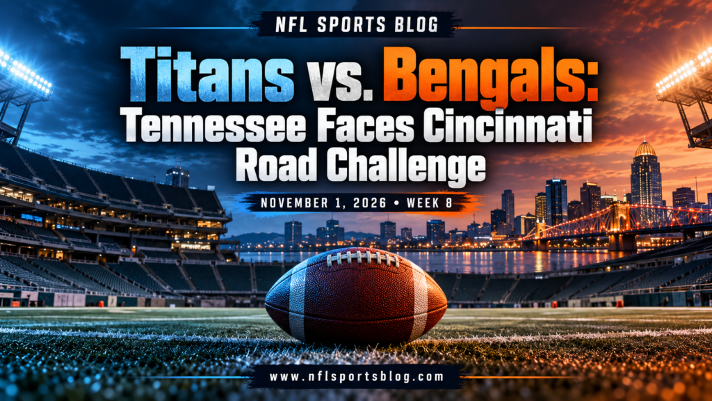 Titans vs. Bengals: Tennessee Faces Cincinnati Road Challenge — NFL Sports Blog graphic with a football and empty stadium; no players.