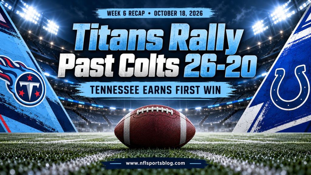 Titans Rally Past Colts 26-20 — Week 6, 2026; NFL Sports Blog graphic with no players.