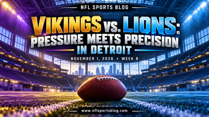 Vikings vs. Lions: Pressure Meets Precision in Detroit — NFL Sports Blog graphic with a football and empty stadium; no players.